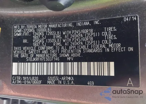 2014 Toyota Highlander Xle V6 из США, поврежденный, VIN 5TDJKRFH7ES037146